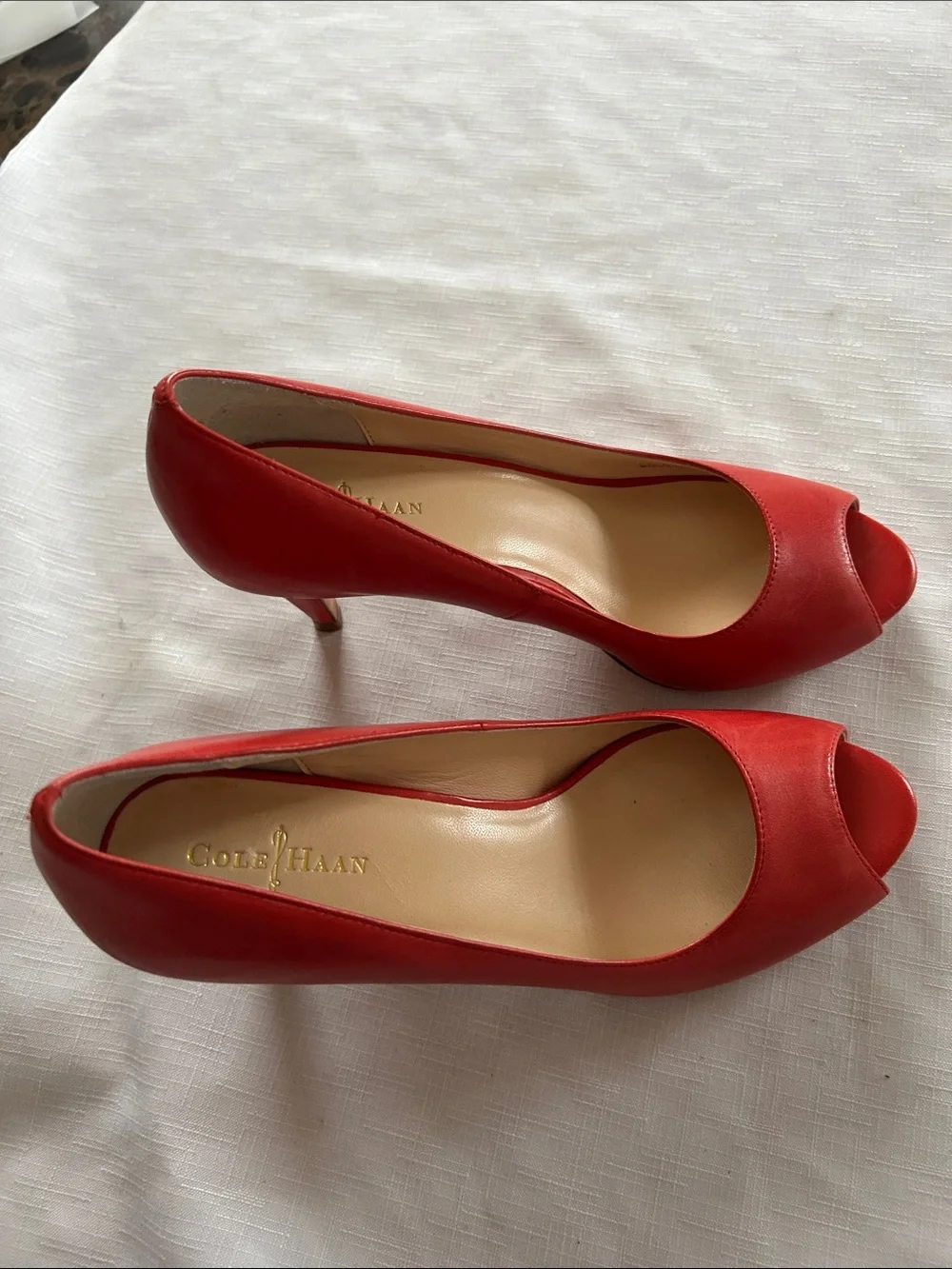 Cole Haan Red Peep-Toe Leather Pumps
